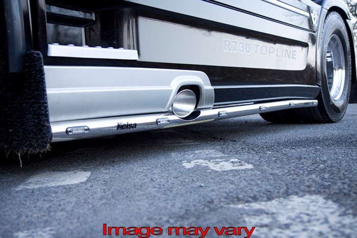 RVS SideBars Scania R2 wb.3,70m met lage sideskirts (uitlaat links zijkant midden)